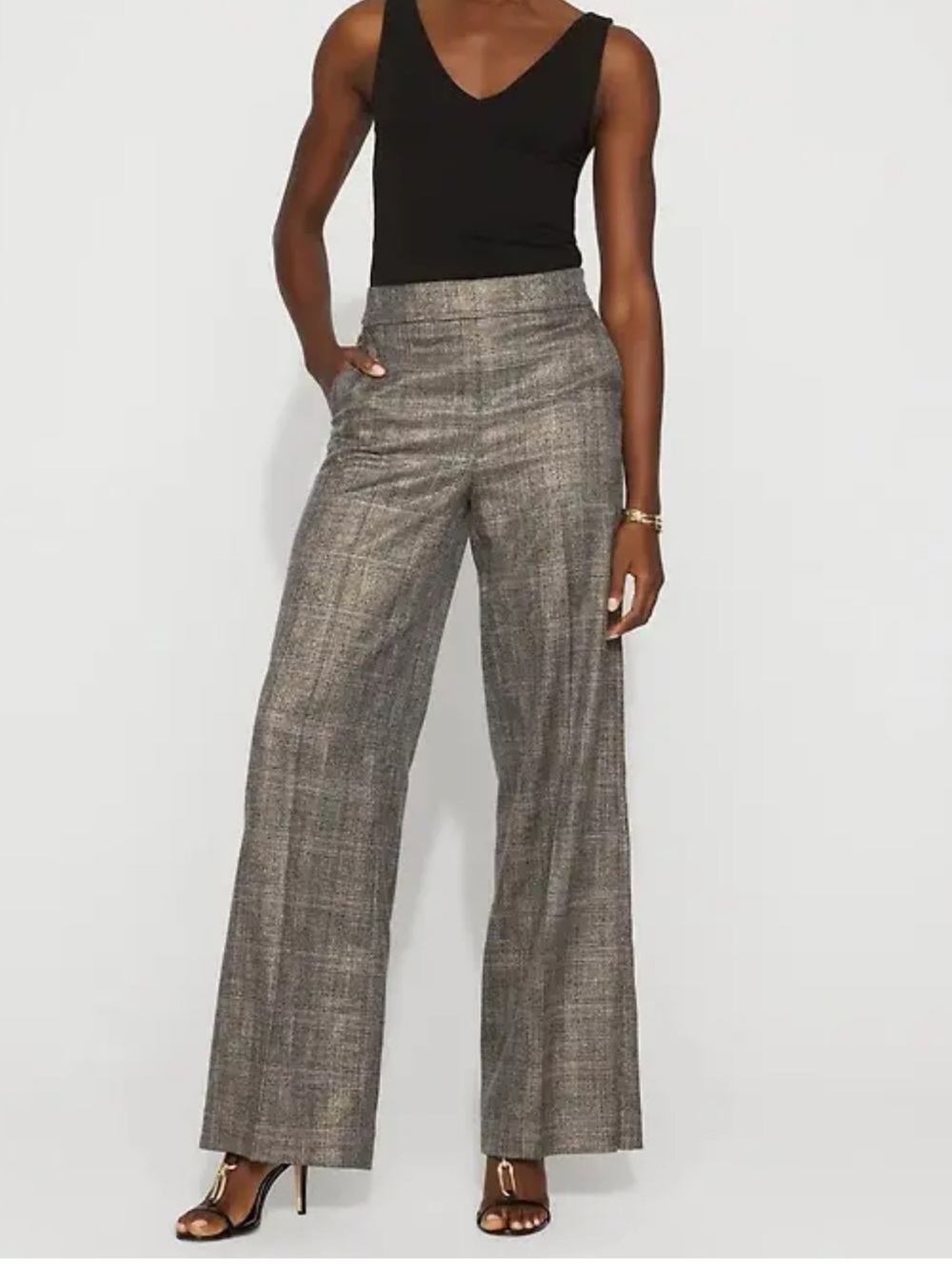 White House Black Market Metallic Plaid Wide Leg Pants Trouser Shimmer Size 6
